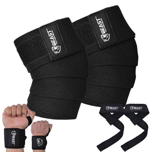 (3 IN 1) Knee Wraps 78" , Wrap & Strap (Black)