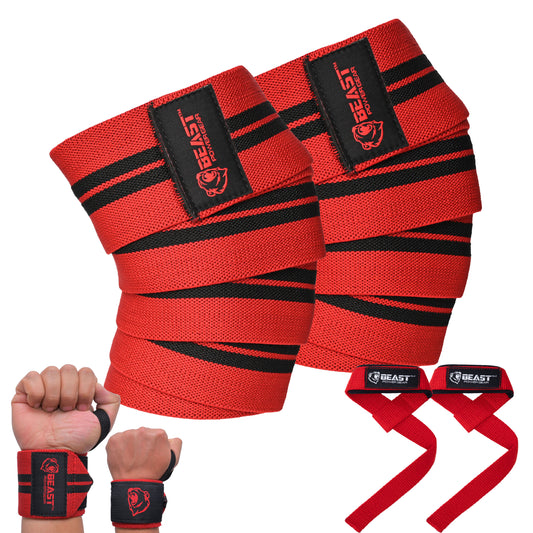 (3 IN 1) Knee Wraps 78" , Wrap & Strap (Black/Red)