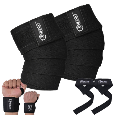 (3 IN 1) Knee Wraps 78" , Wrap & Strap (Black)