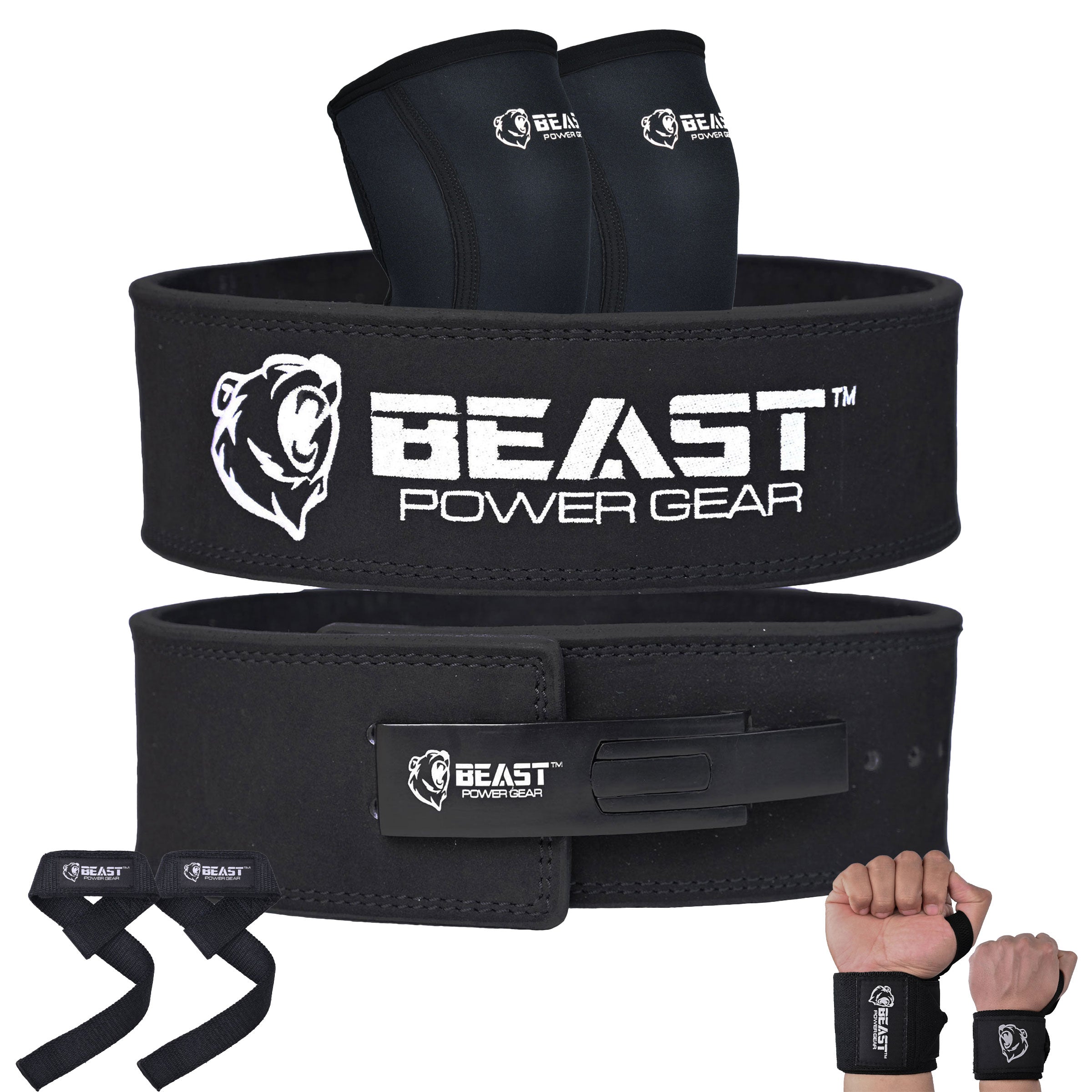 Beast Power Gear Weight Lifting Belt - 4” Genuine Leather For Lower Back Support Bodybuilding Squat Deadlift Cross Strength Training Weightlifting Gy Lifting Kit - Black