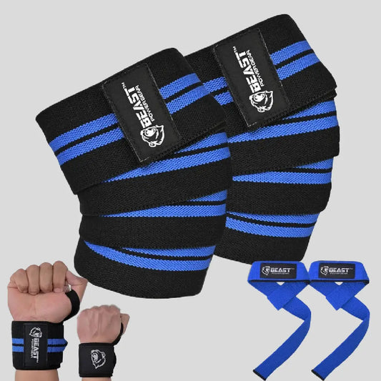 (3 IN 1) Knee Wraps 78" , Wrap & Strap (Black/Blue)