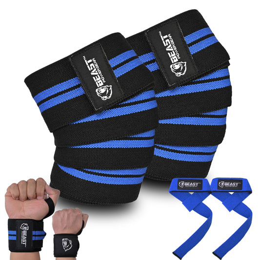 (3 IN 1) Knee Wraps 78" , Wrap & Strap (Black/Blue)