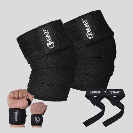 (3 IN 1) Knee Wraps 78" , Wrap & Strap (Black)