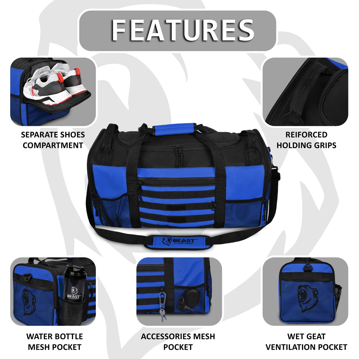 Duffle Gym Bag - Multi Pockets Blue/Black