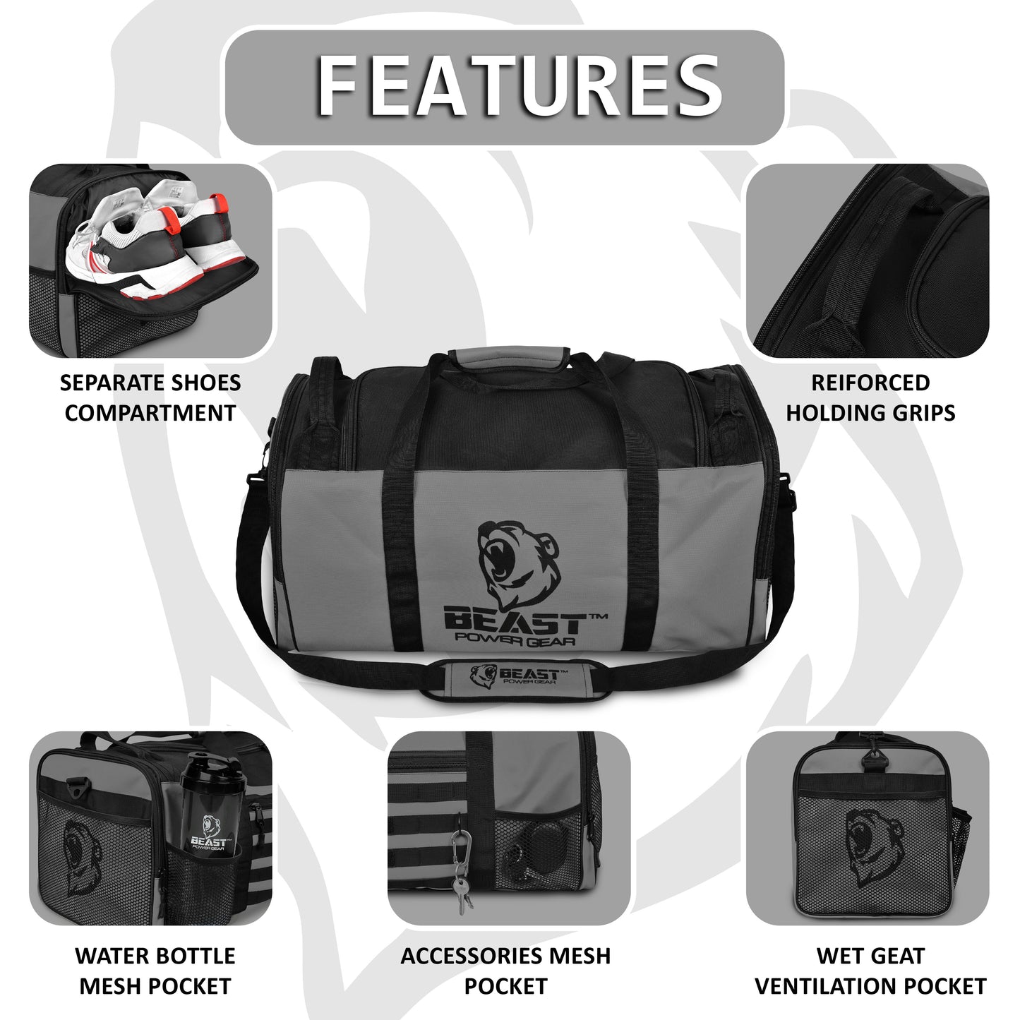 Duffle Gym Bag - Multi Pockets - Solid Gray