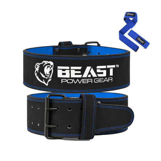 POWERLIFTING BELT 10MM BLACK/BLUE- FREE STRAP